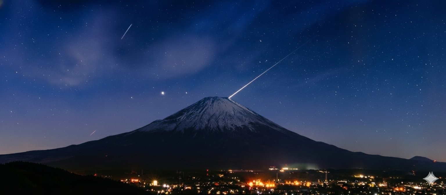 富士山 夜景・流星
